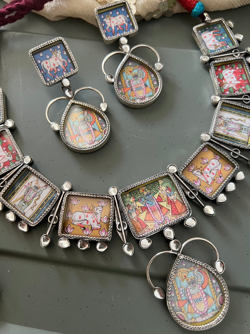 Hand painted God 925 Silver Necklace Set | SHIVKA