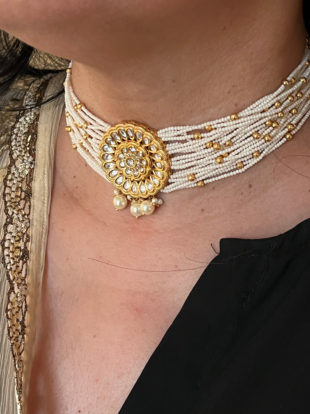 Gold Beaded Pearl Kundan Choker with Studs