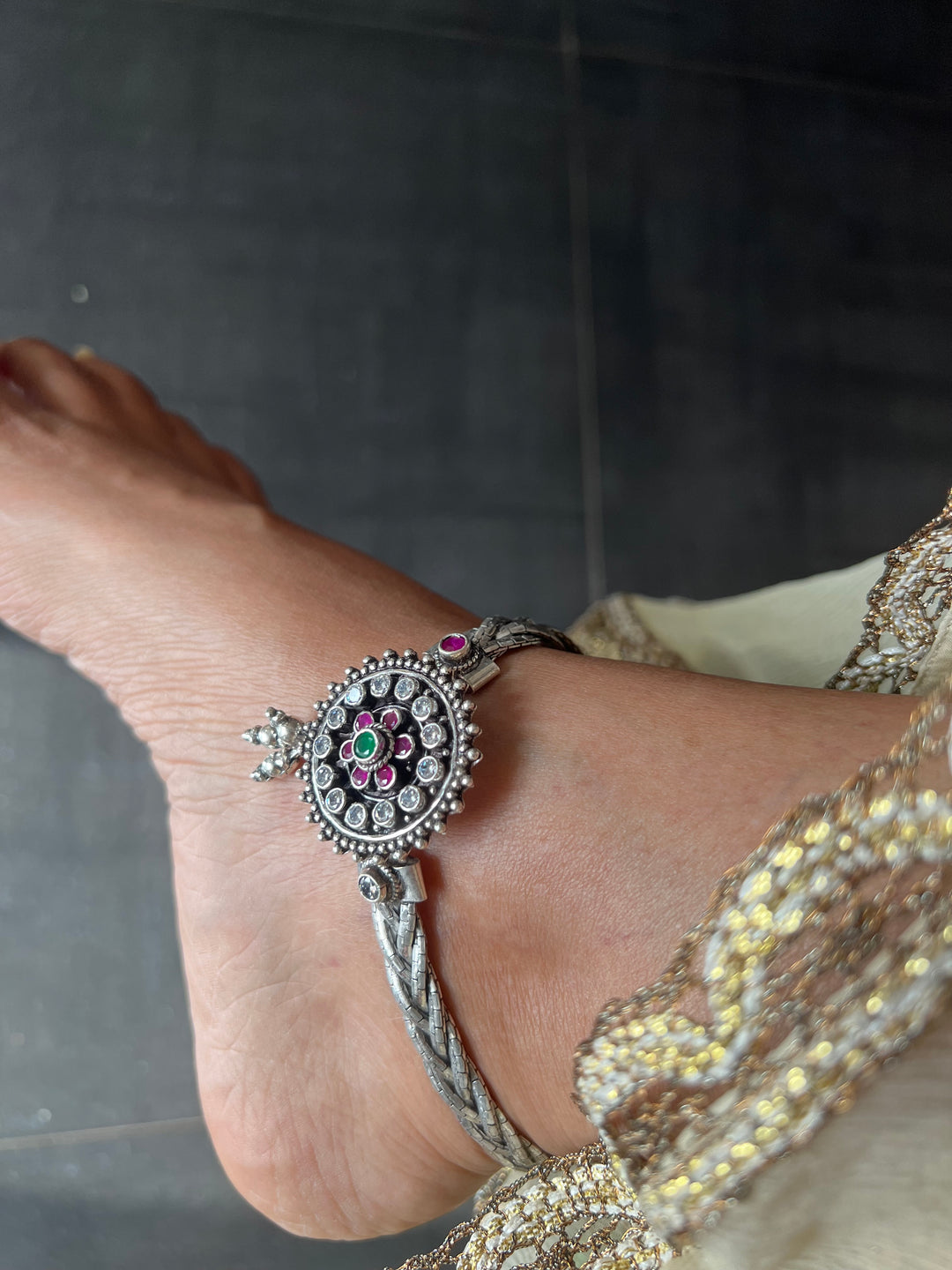 925 Tribal Silver Anklets with Stones & Ghungroos | SHIVKA Set of 2