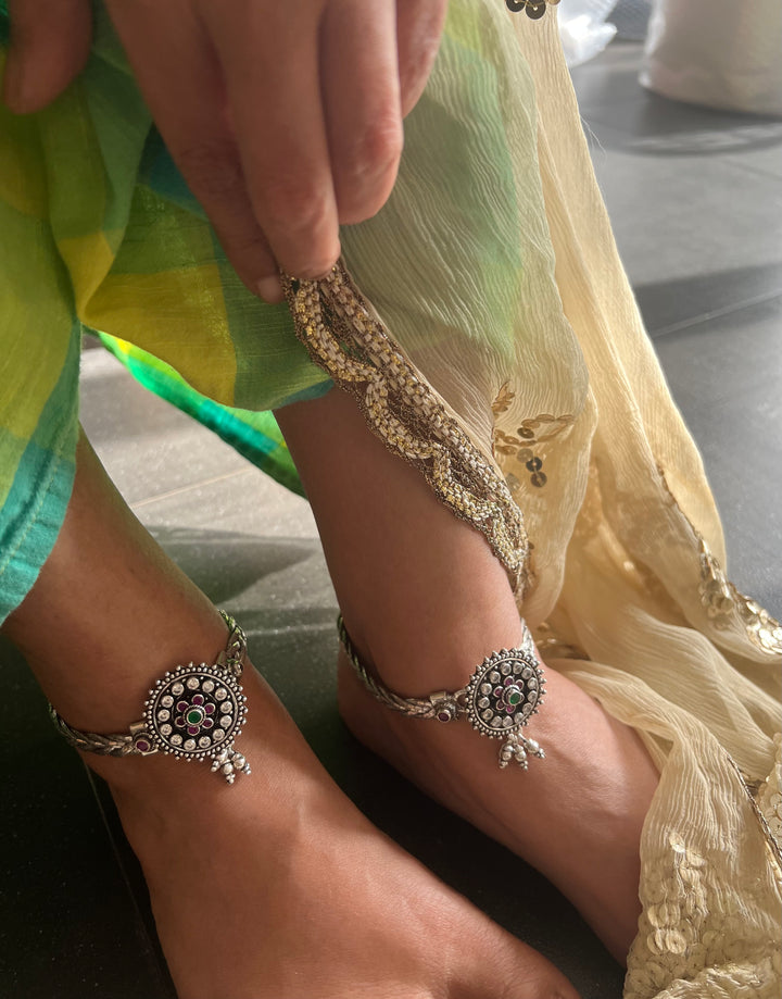 925 Tribal Silver Anklets with Stones & Ghungroos | SHIVKA Set of 2