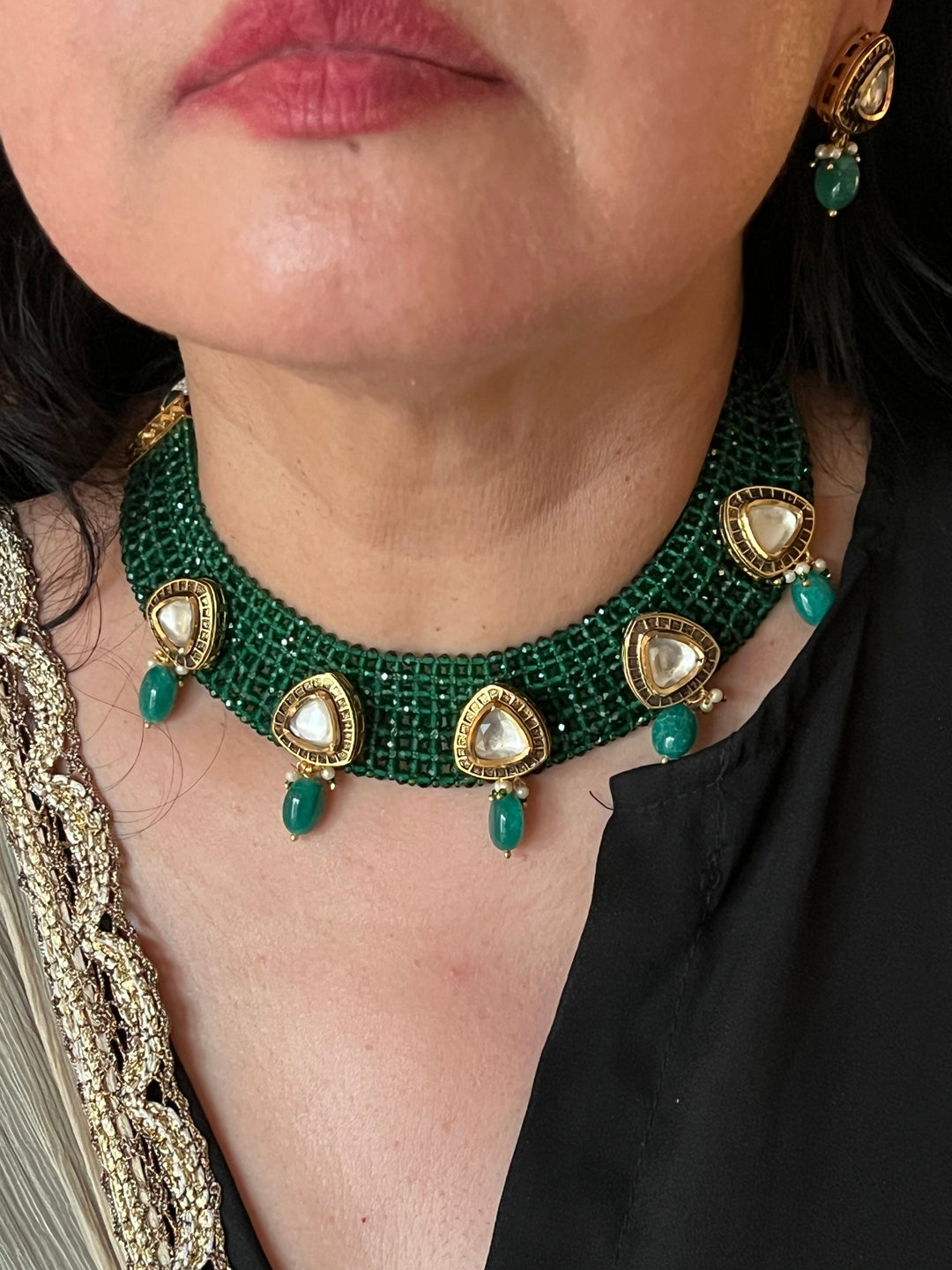 Green Kundan Chatai Necklace with Earrings