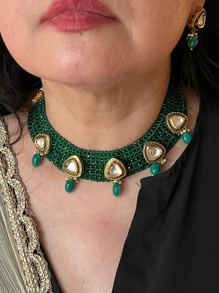 Green Kundan Chatai Necklace with Earrings