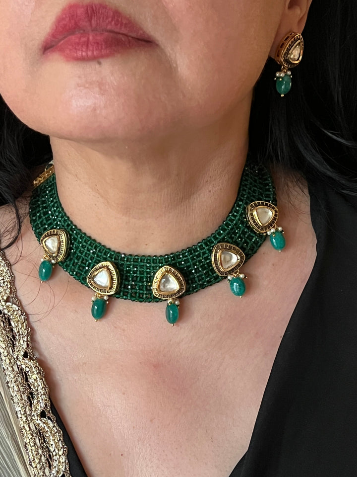 Green Kundan Chatai Necklace with Earrings