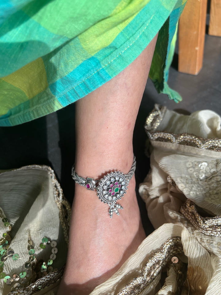 925 Tribal Silver Anklets with Stones & Ghungroos | SHIVKA Set of 2