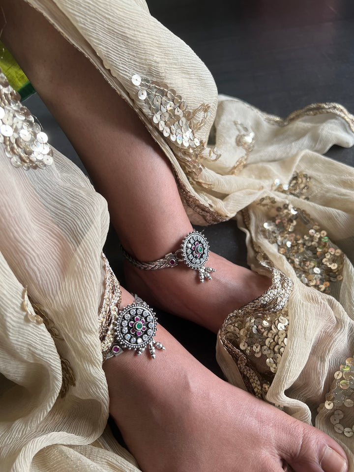 925 Tribal Silver Anklets with Stones & Ghungroos | SHIVKA Set of 2