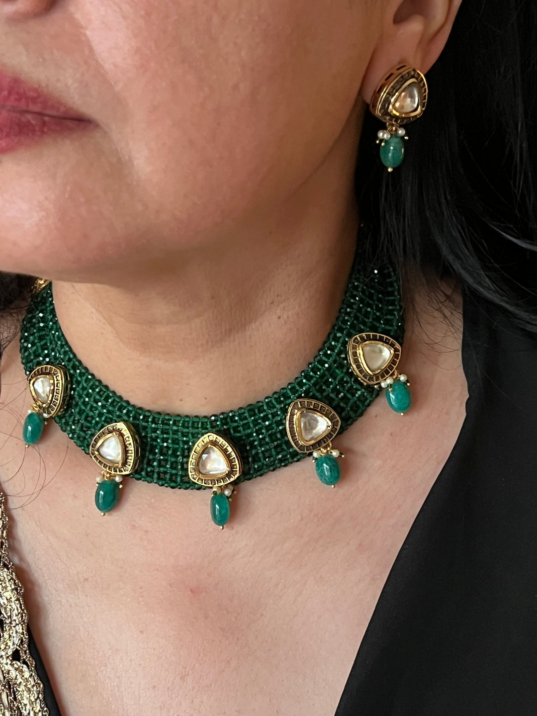 Green Kundan Chatai Necklace with Earrings