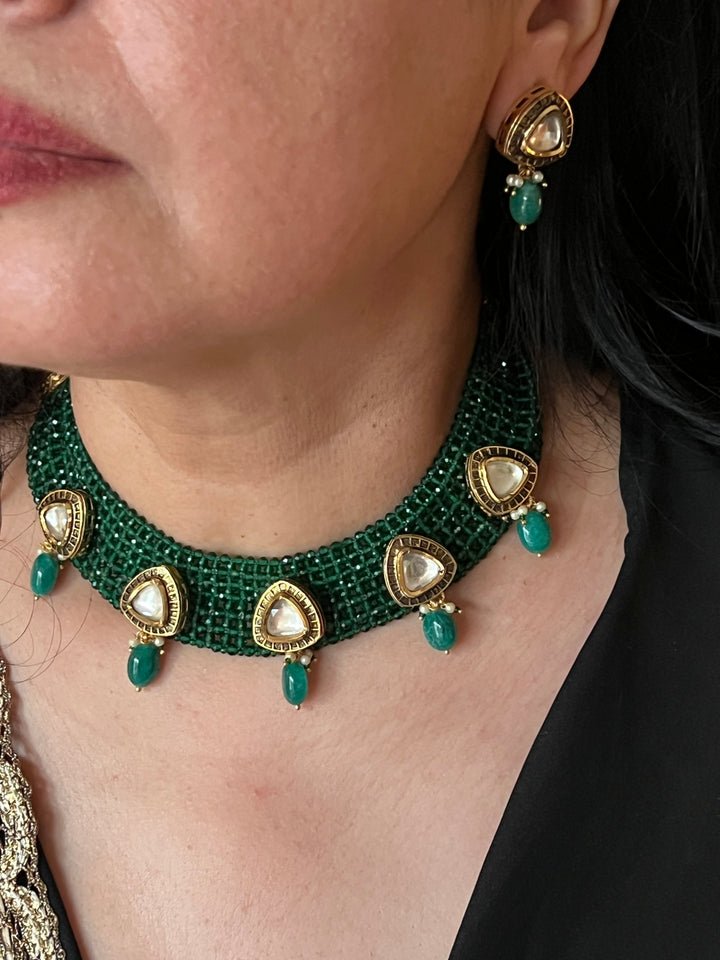 Green Kundan Chatai Necklace with Earrings