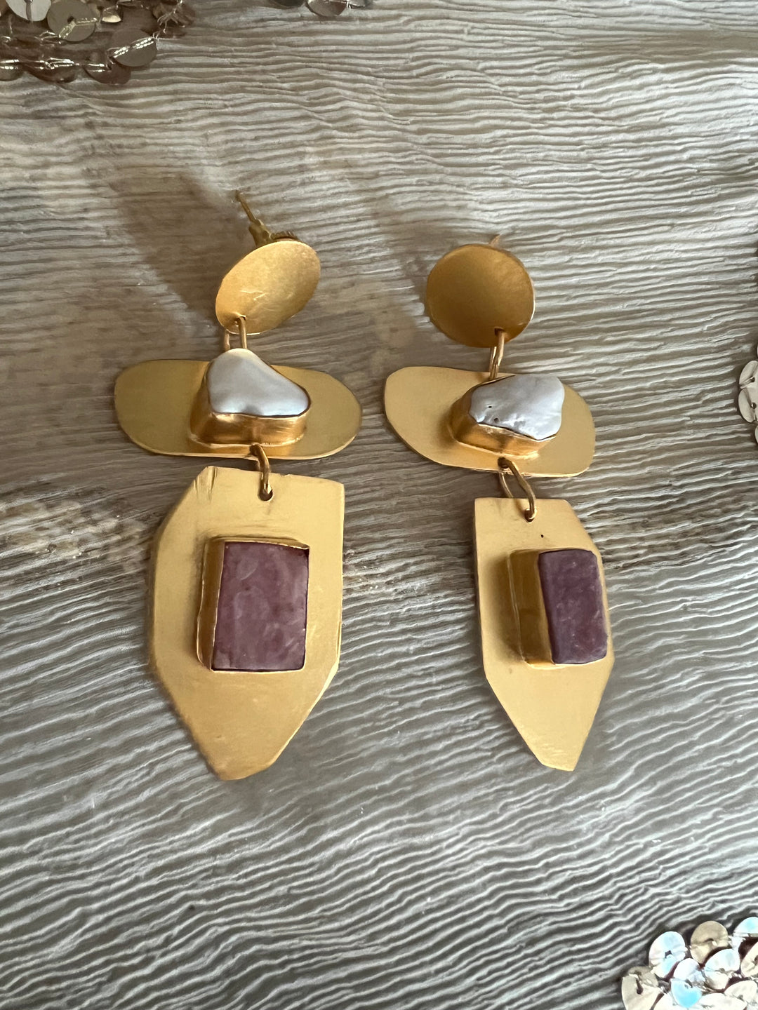 Statement Brass Danglers with Baroque Pearl and Natural Raw Gemstones