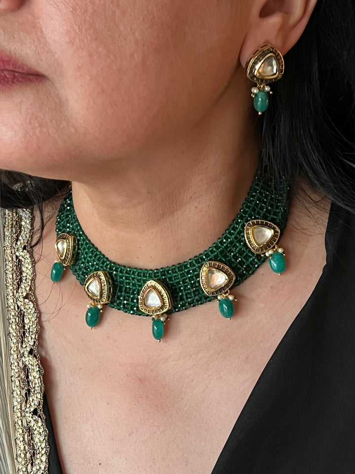 Green Kundan Chatai Necklace with Earrings