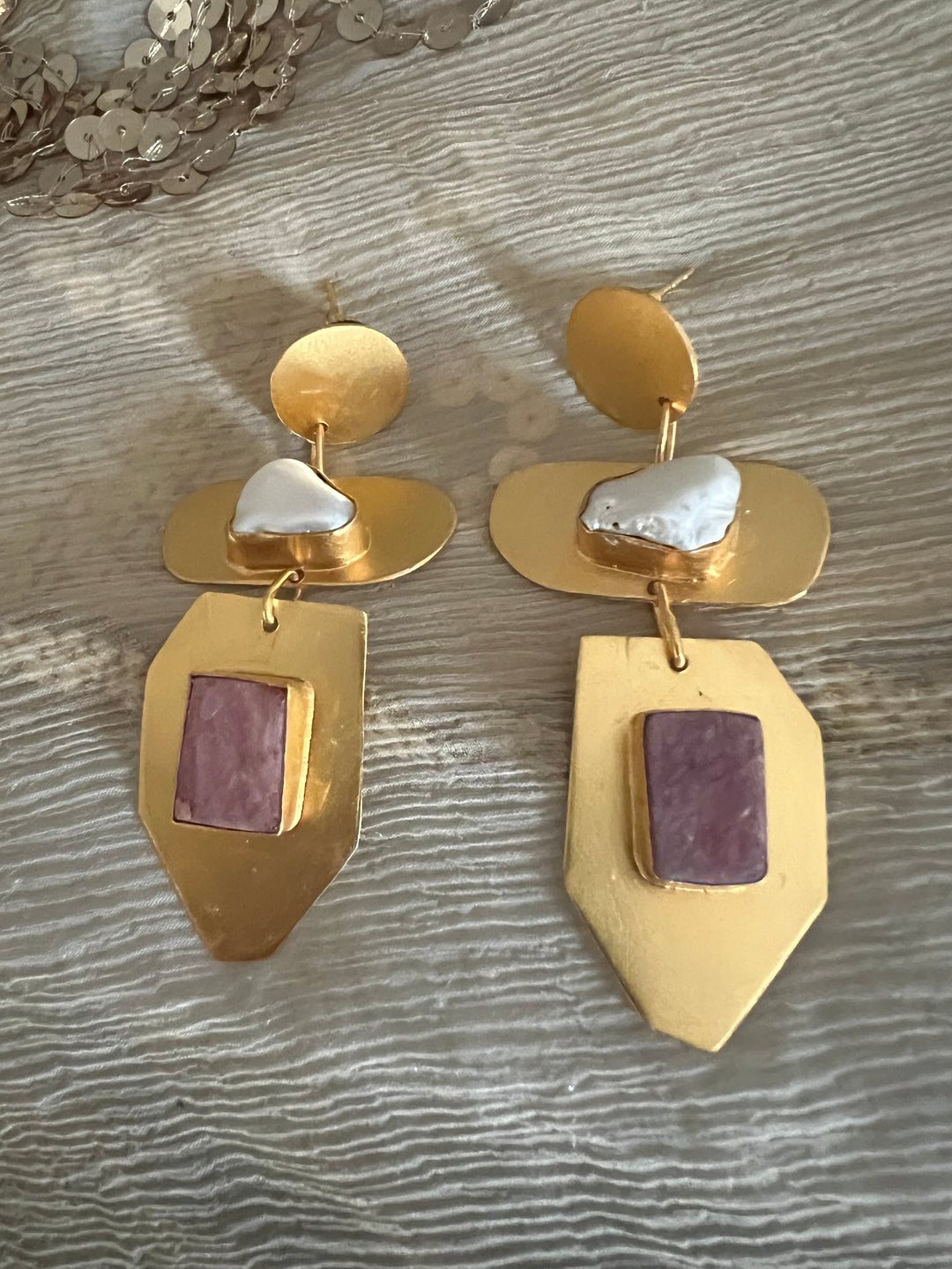 Statement Brass Danglers with Baroque Pearl and Natural Raw Gemstones