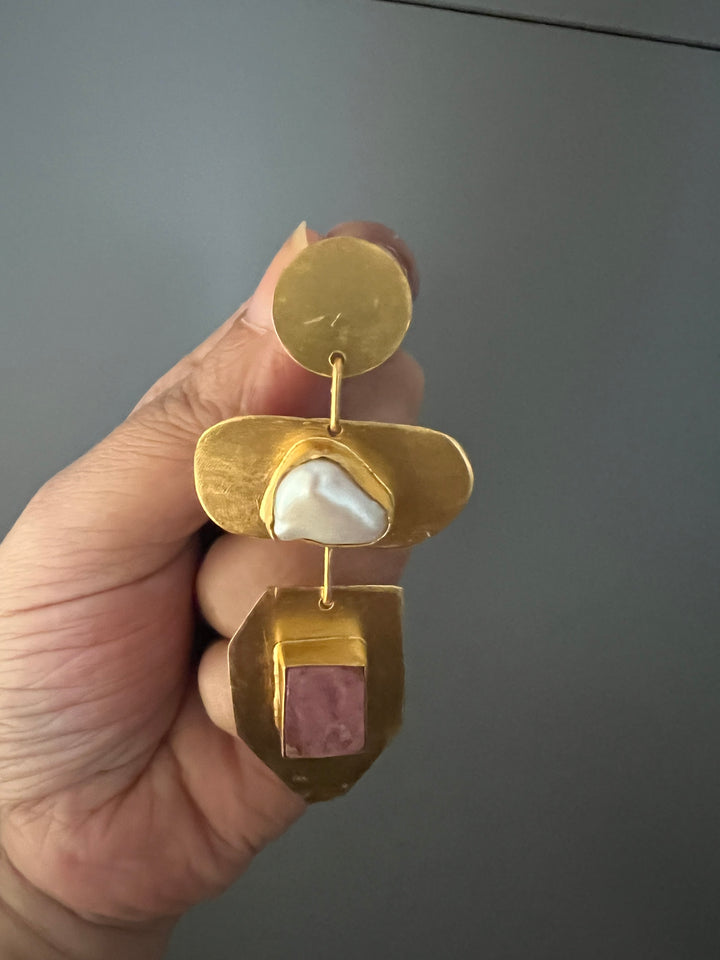 Statement Brass Danglers with Baroque Pearl and Natural Raw Gemstones