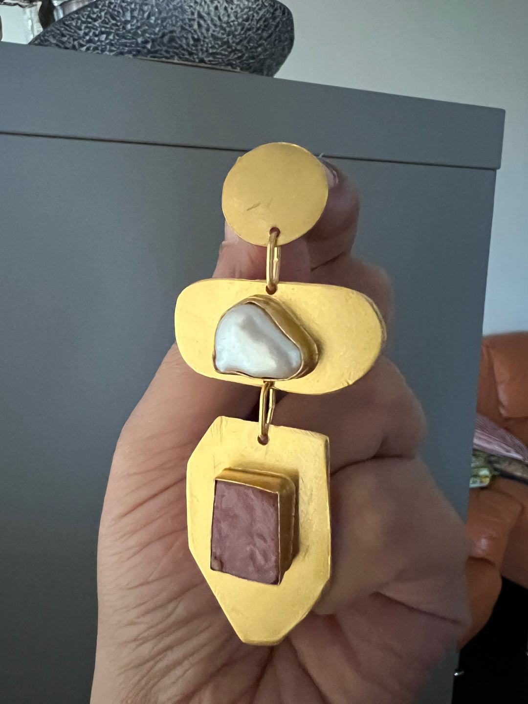 Statement Brass Danglers with Baroque Pearl and Natural Raw Gemstones