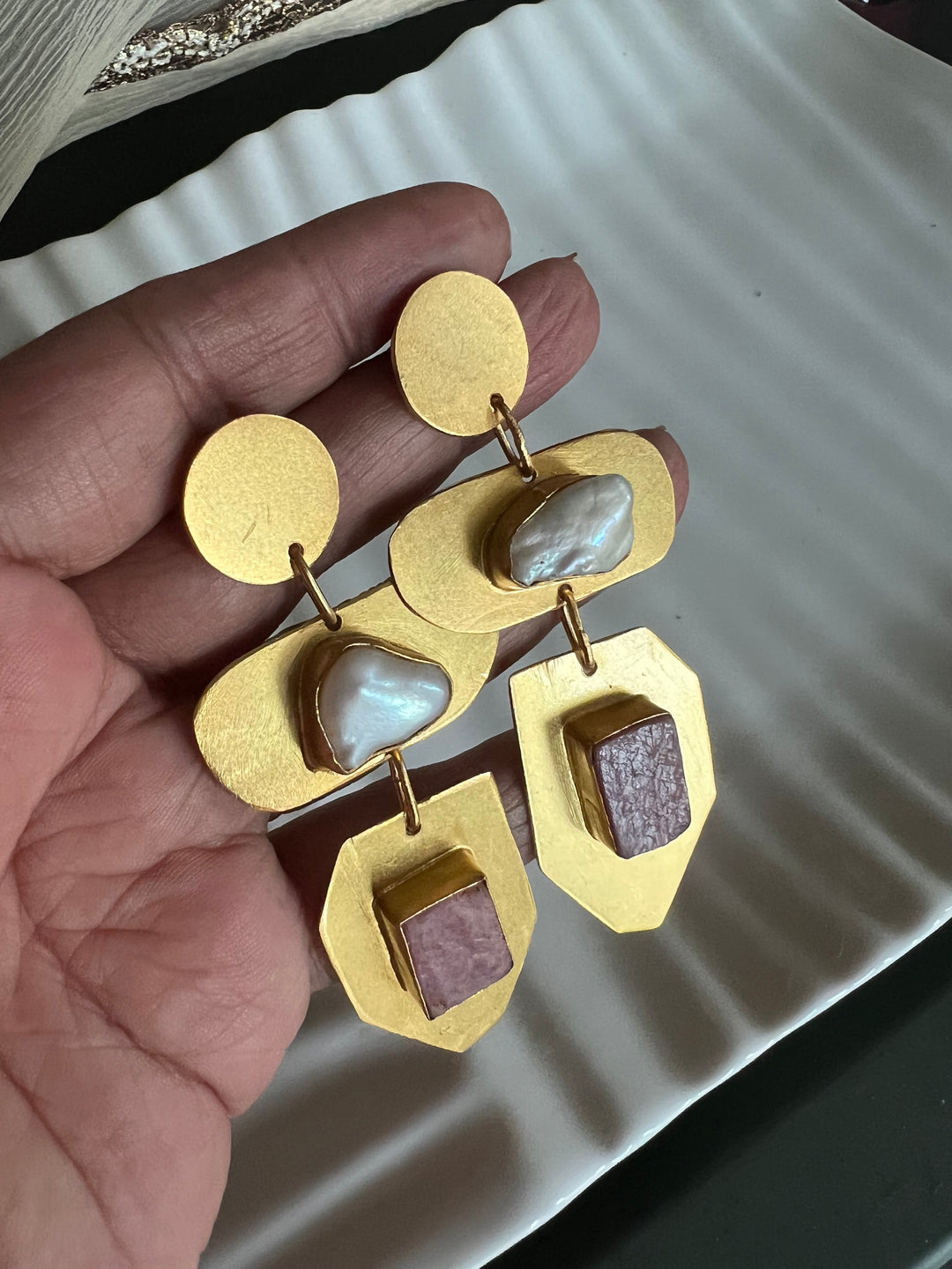 Statement Brass Danglers with Baroque Pearl and Natural Raw Gemstones