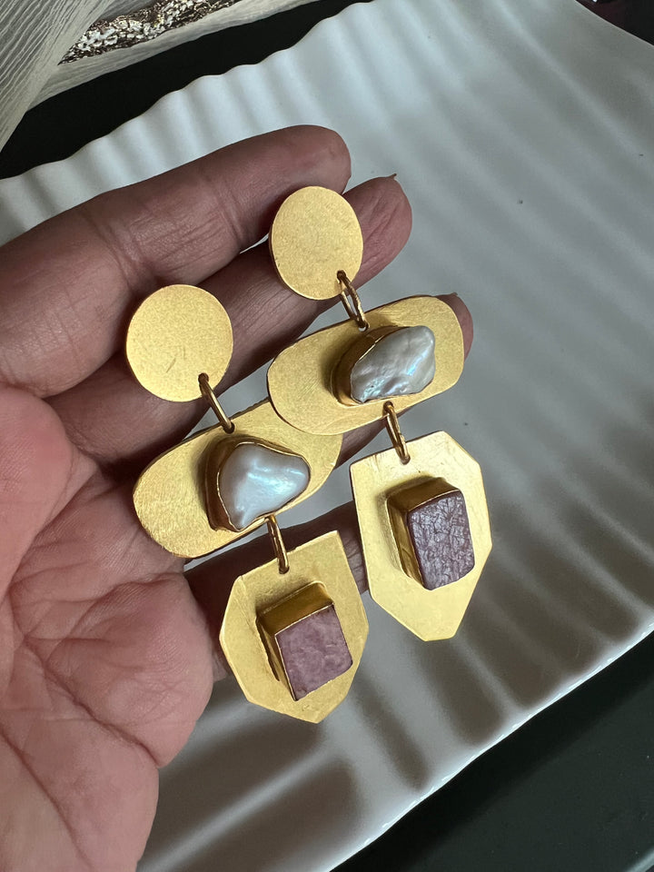 Statement Brass Danglers with Baroque Pearl and Natural Raw Gemstones