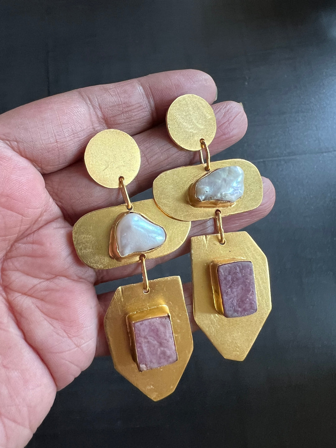 Statement Brass Danglers with Baroque Pearl and Natural Raw Gemstones