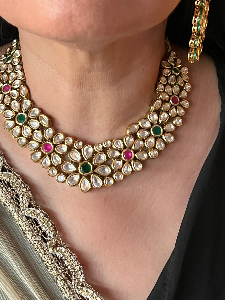 Multicoloured Classic Kundan Necklace with Earrings