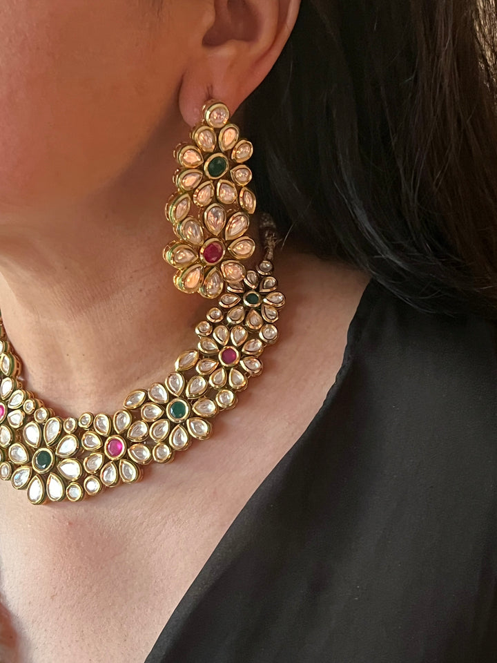 Multicoloured Classic Kundan Necklace with Earrings