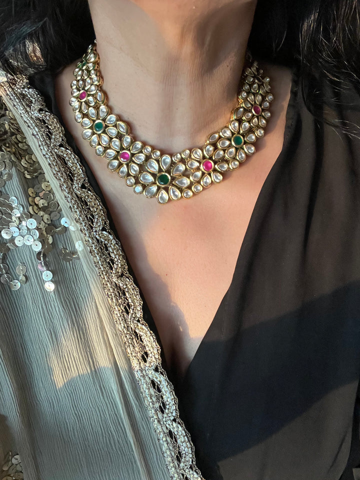 Multicoloured Classic Kundan Necklace with Earrings