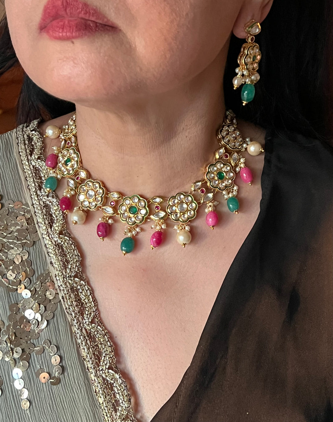 Beautiful Multi coloured Kundan Necklace with Earrings