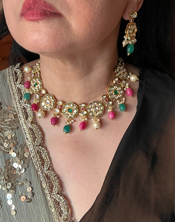 Beautiful Multi coloured Kundan Necklace with Earrings