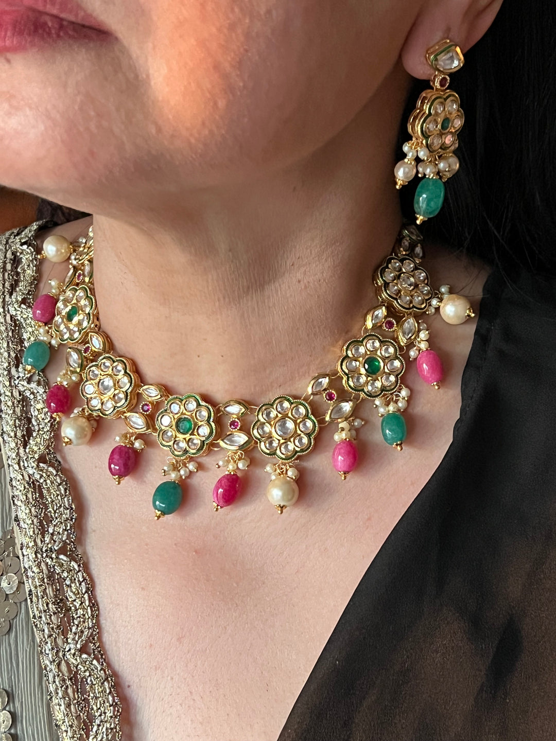 Beautiful Multi coloured Kundan Necklace with Earrings
