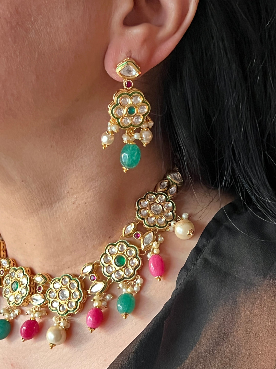 Beautiful Multi coloured Kundan Necklace with Earrings