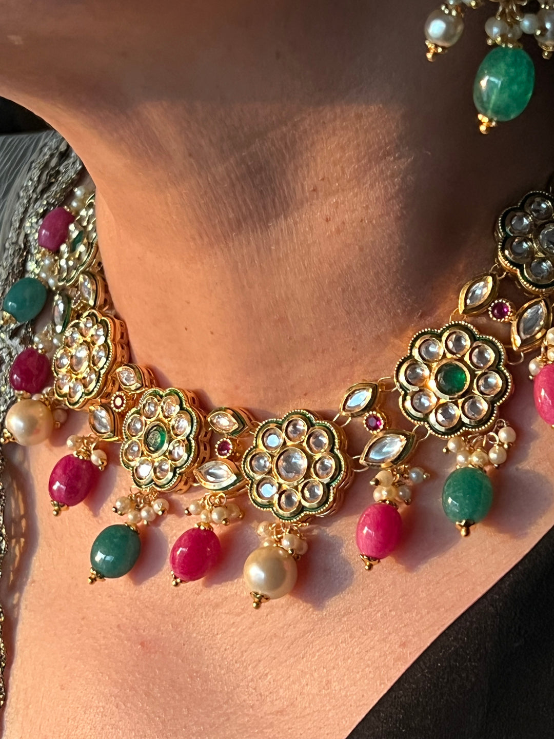 Beautiful Multi coloured Kundan Necklace with Earrings