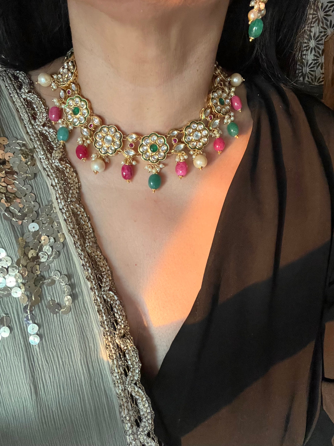 Beautiful Multi coloured Kundan Necklace with Earrings