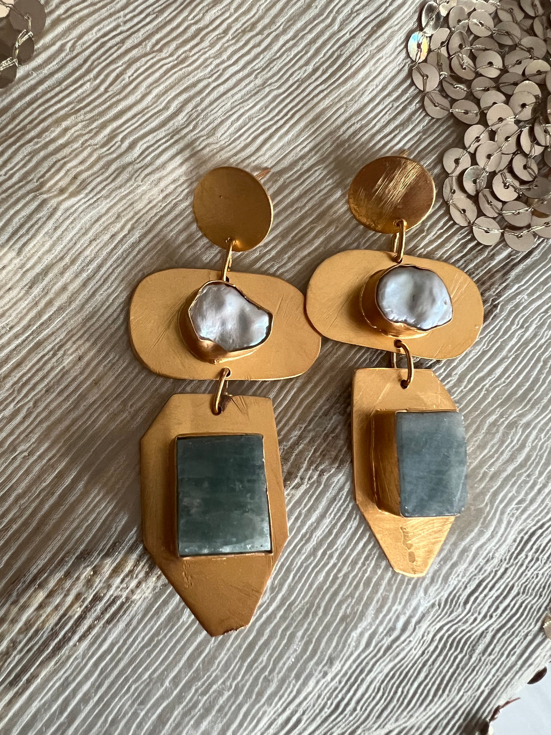 Statement Brass Danglers with Baroque Pearl and Natural Raw Gemstones