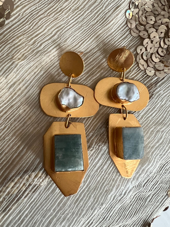 Statement Brass Danglers with Baroque Pearl and Natural Raw Gemstones
