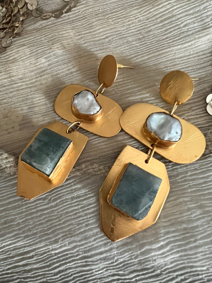 Statement Brass Danglers with Baroque Pearl and Natural Raw Gemstones