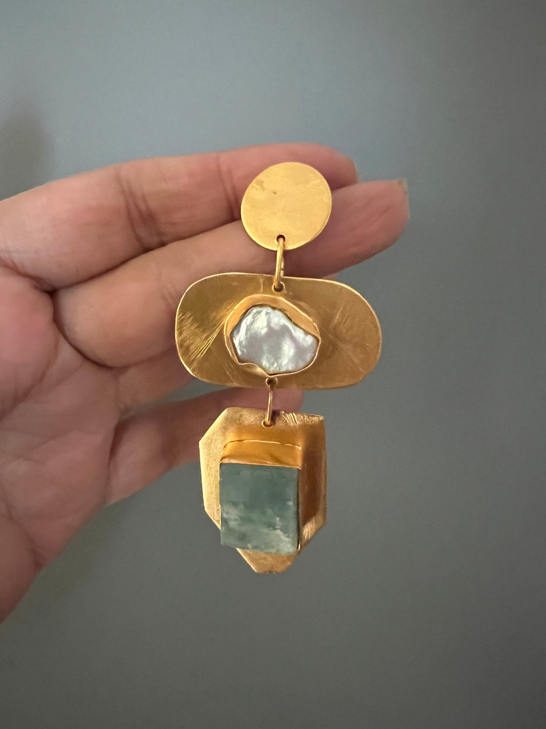 Statement Brass Danglers with Baroque Pearl and Natural Raw Gemstones