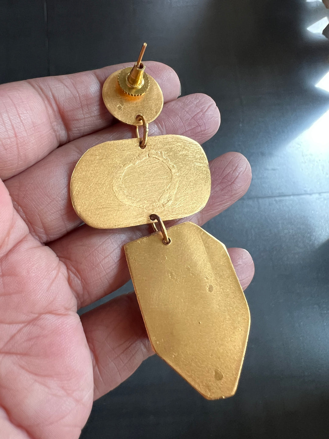 Statement Brass Danglers with Baroque Pearl and Natural Raw Gemstones