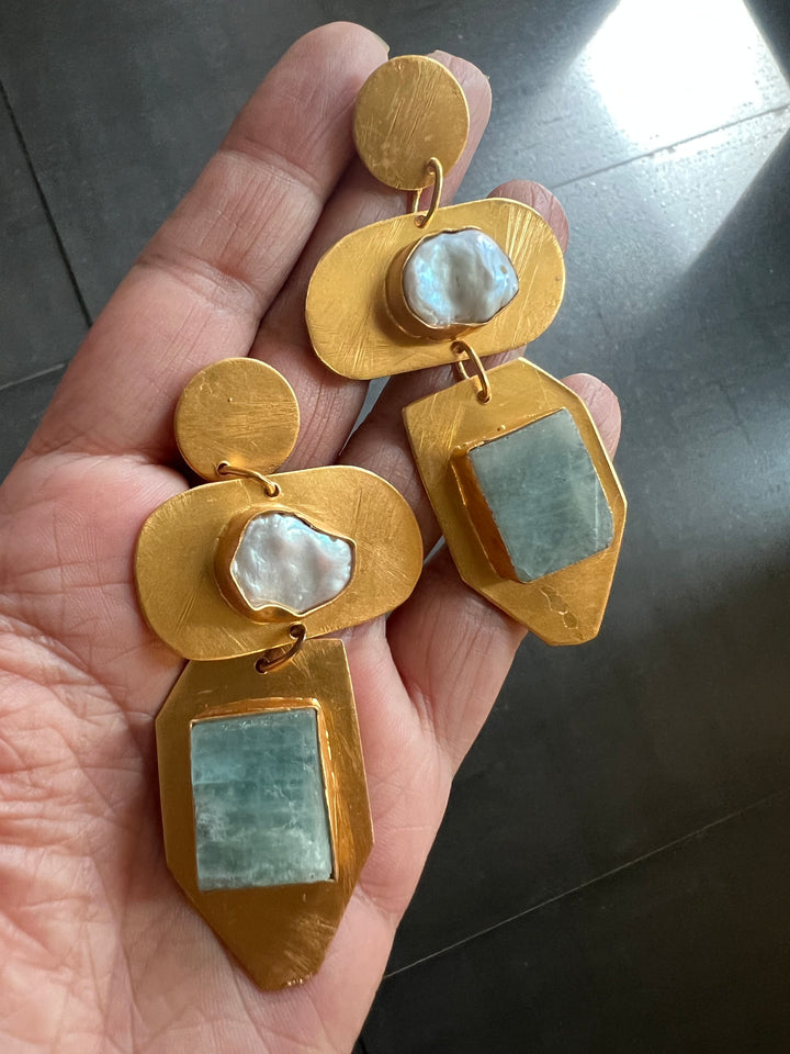 Statement Brass Danglers with Baroque Pearl and Natural Raw Gemstones