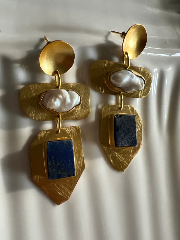 Statement Brass Danglers with Baroque Pearl and Natural Raw Gemstones