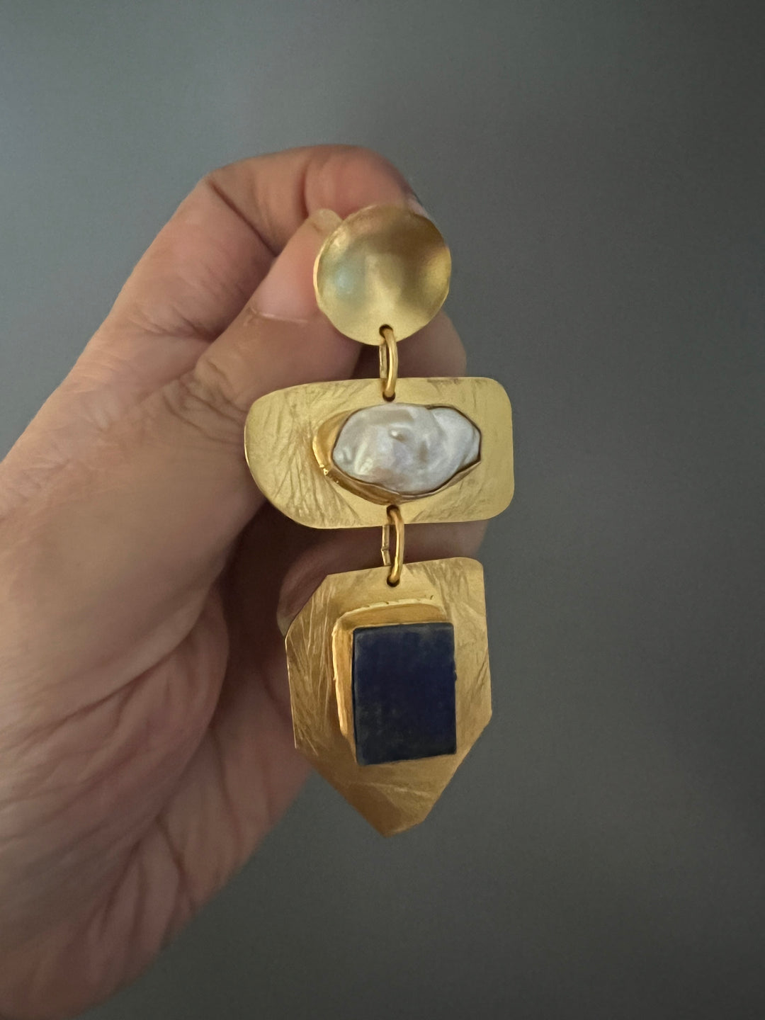 Statement Brass Danglers with Baroque Pearl and Natural Raw Gemstones