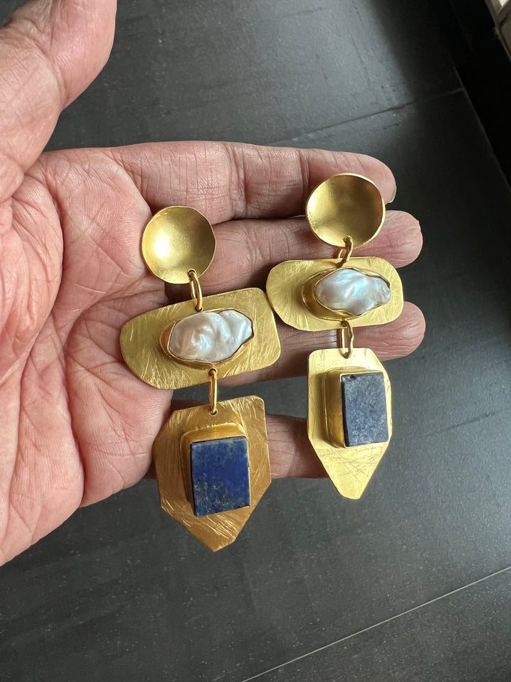 Statement Brass Danglers with Baroque Pearl and Natural Raw Gemstones