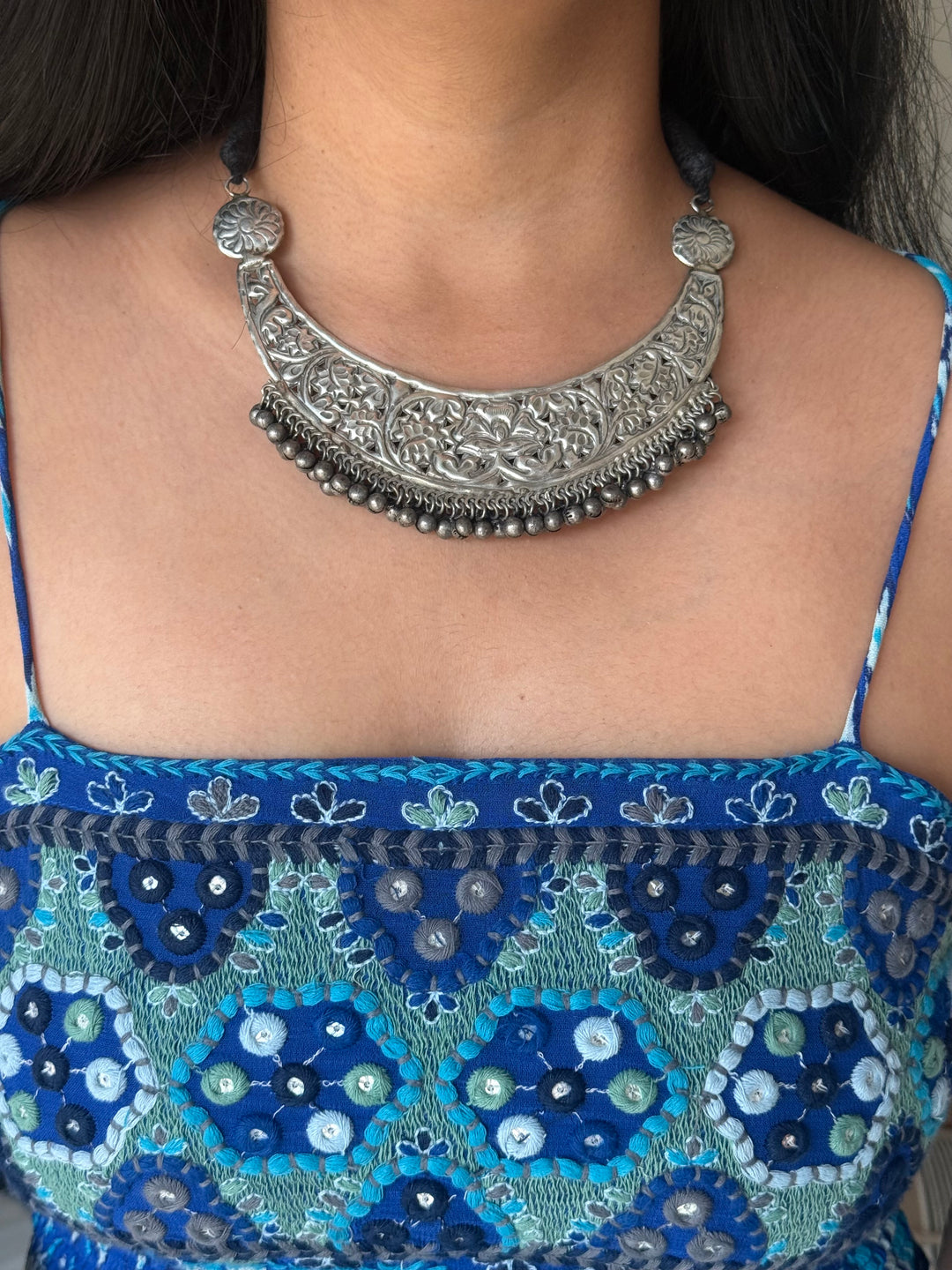 Oxidized Brass Antique Choker Necklace, Adjustable String
