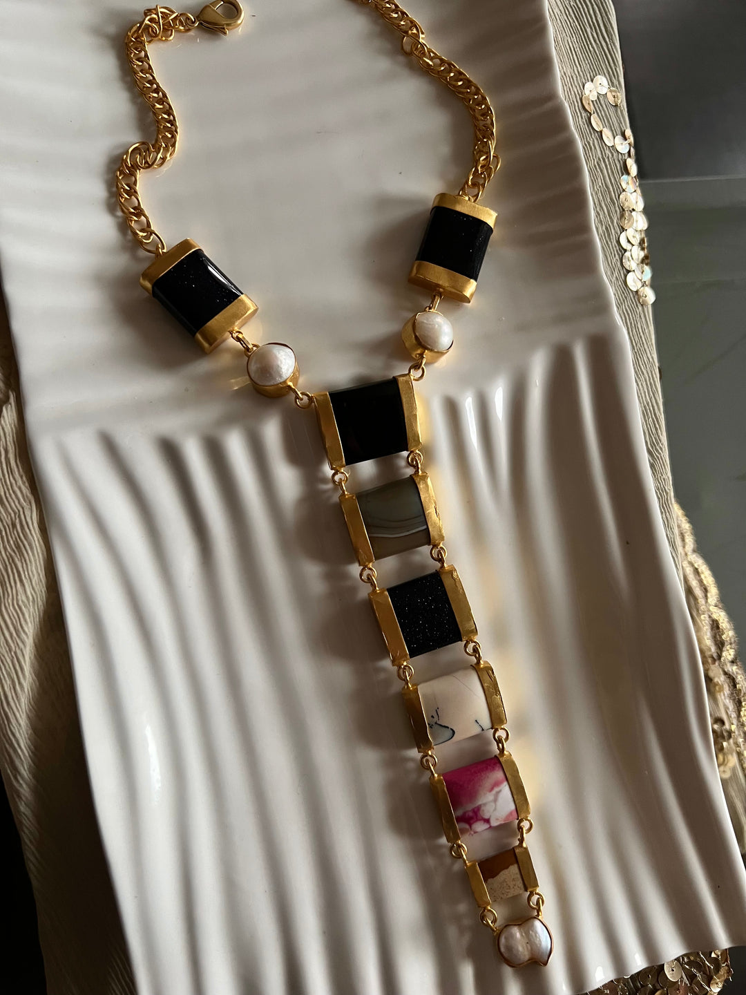Statement Gemstones Tie Necklace