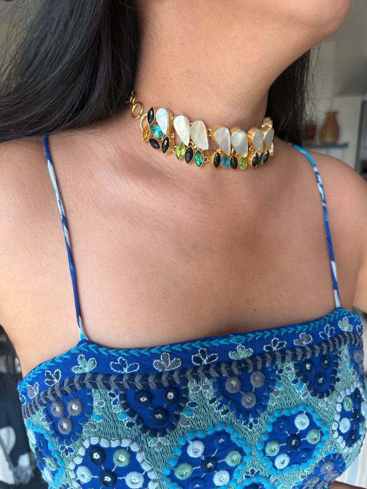 MOP and Quartz Choker – Gold Brass, Adjustable Necklace