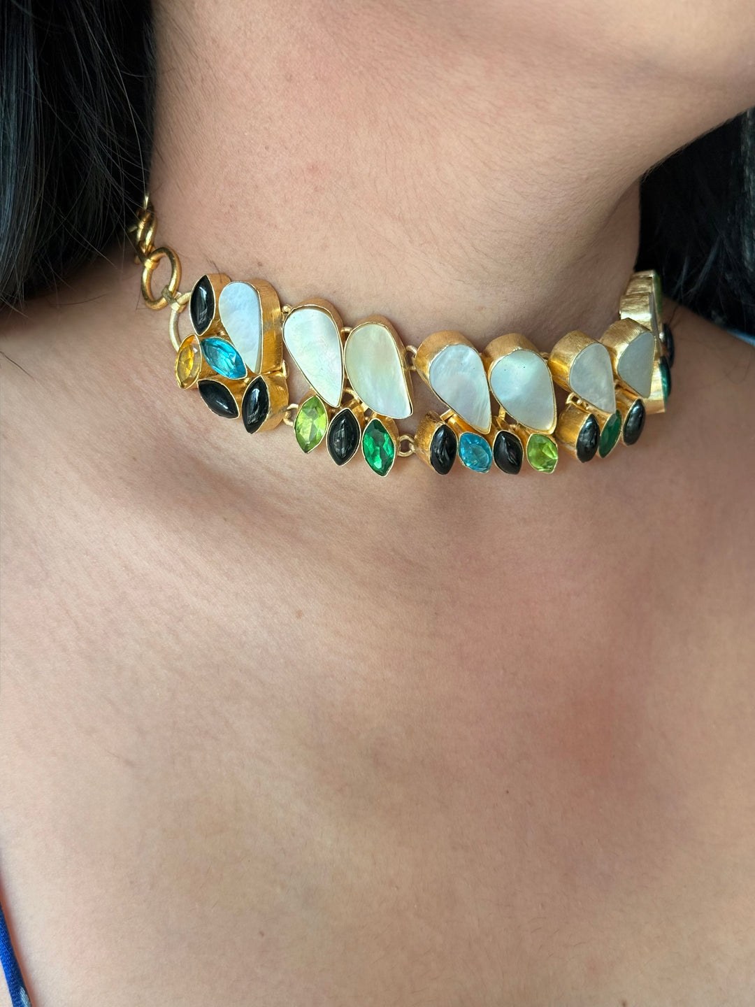 MOP and Quartz Choker – Gold Brass, Adjustable Necklace