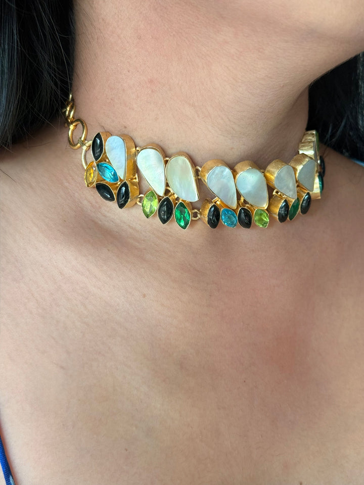 MOP and Quartz Choker – Gold Brass, Adjustable Necklace