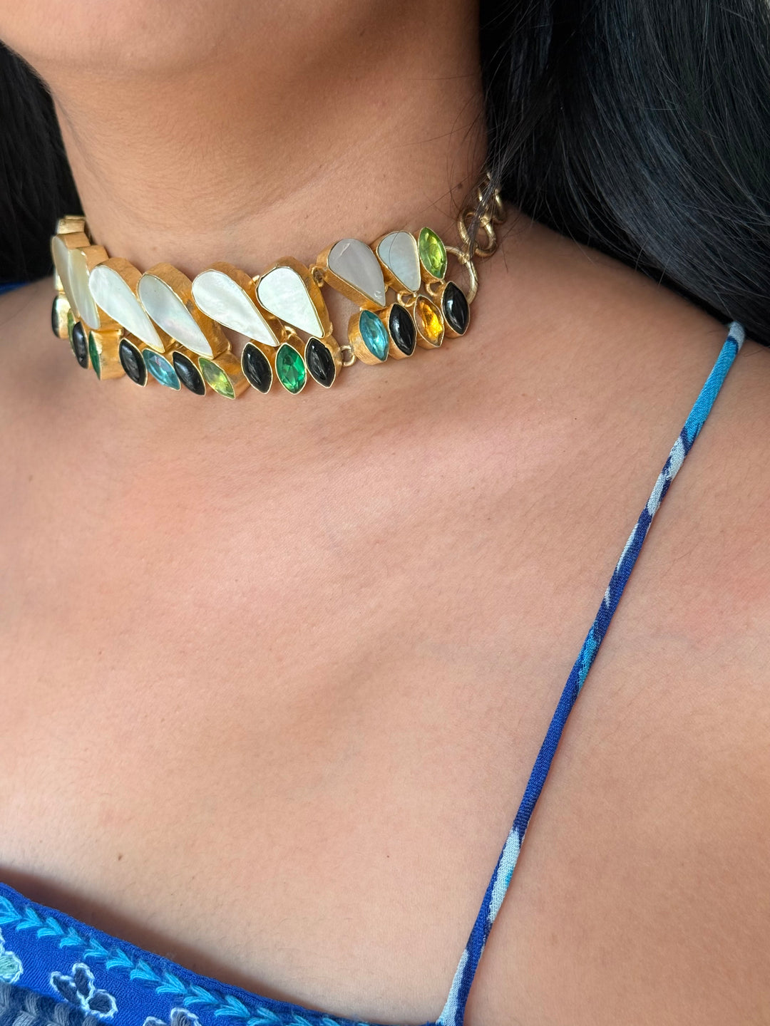 MOP and Quartz Choker – Gold Brass, Adjustable Necklace