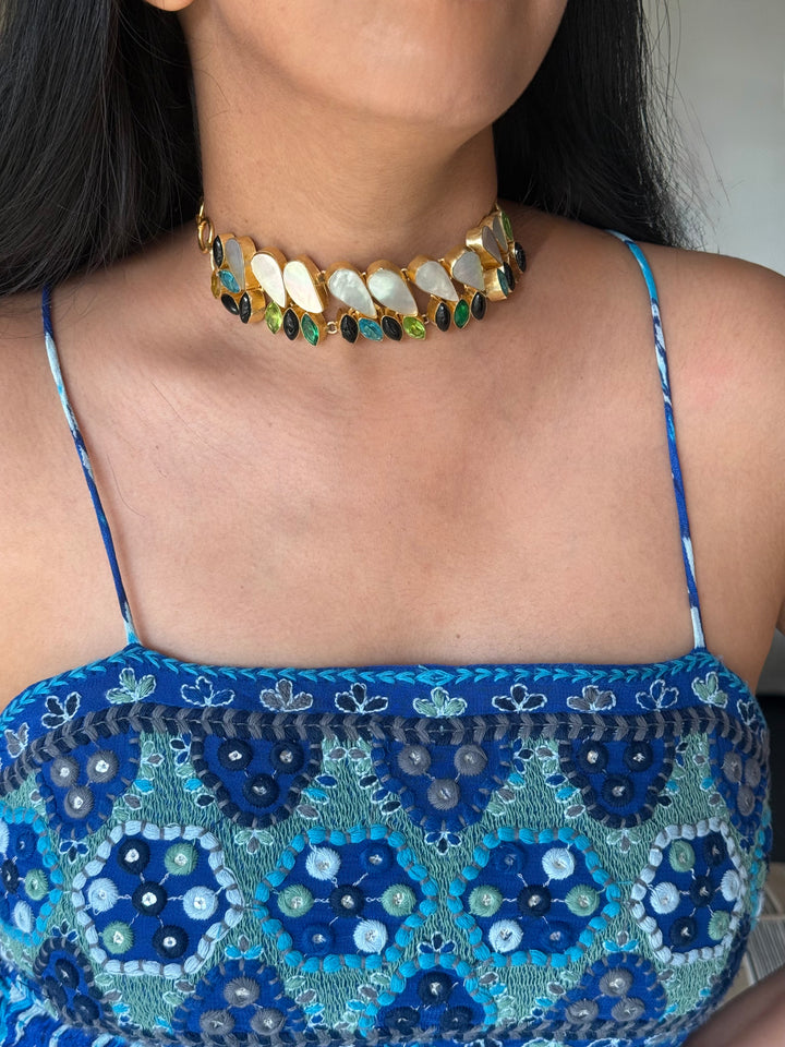 MOP and Quartz Choker – Gold Brass, Adjustable Necklace