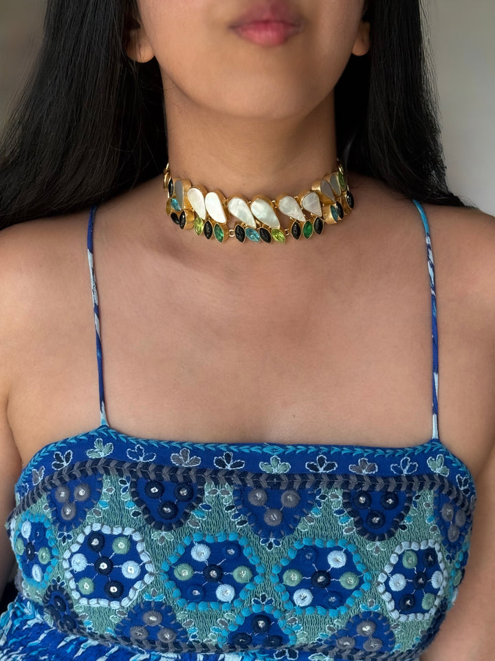 MOP and Quartz Choker – Gold Brass, Adjustable Necklace