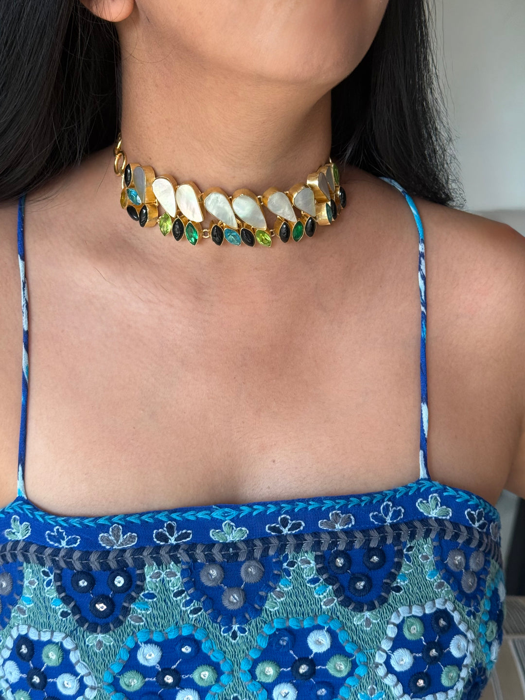 MOP and Quartz Choker – Gold Brass, Adjustable Necklace