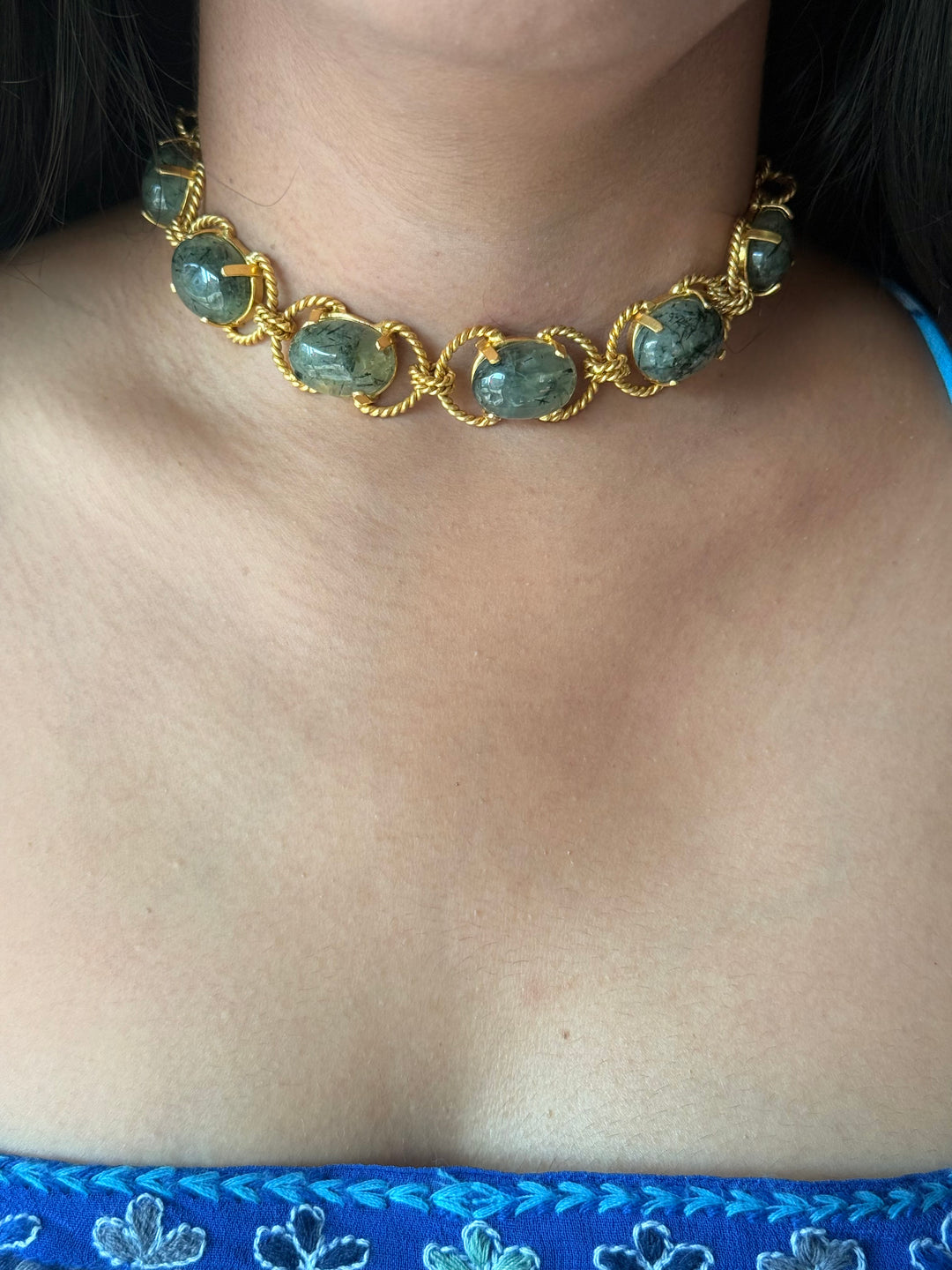 Prehnite Choker – Gold Brass, Adjustable Necklace