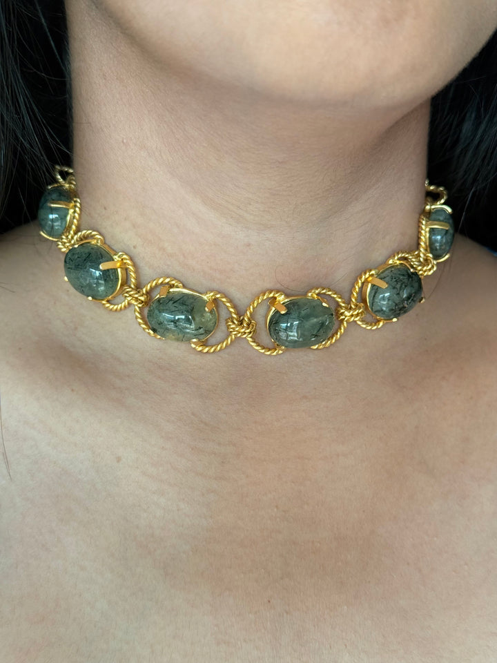Prehnite Choker – Gold Brass, Adjustable Necklace