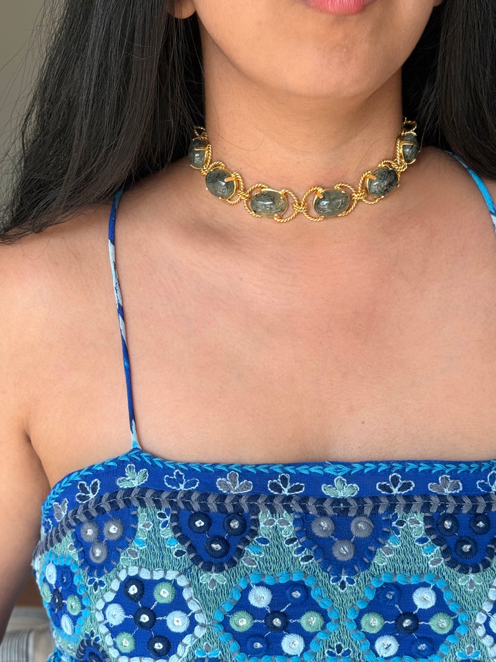 Prehnite Choker – Gold Brass, Adjustable Necklace