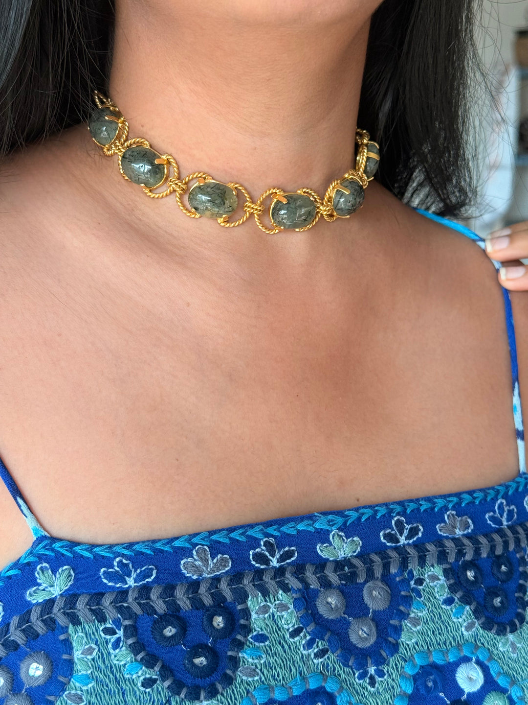 Prehnite Choker – Gold Brass, Adjustable Necklace